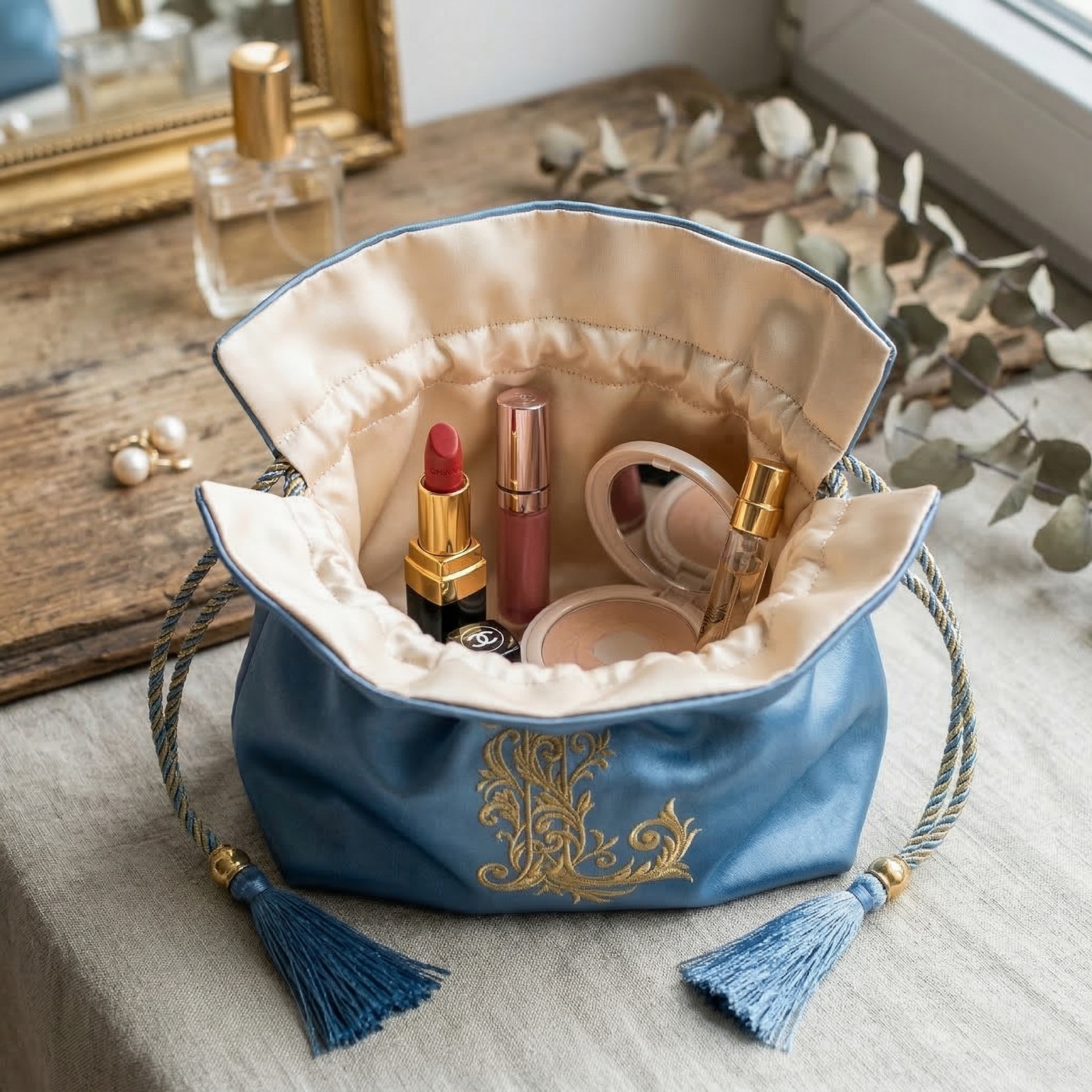 silk cosmetic bag blue